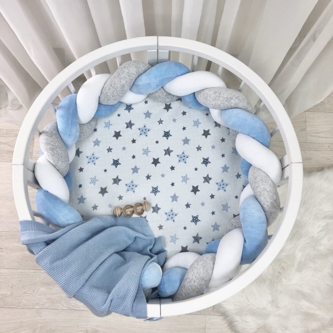 Husa saltea rotunda patut bebe copii cu elastic, Stelute albastre (6)